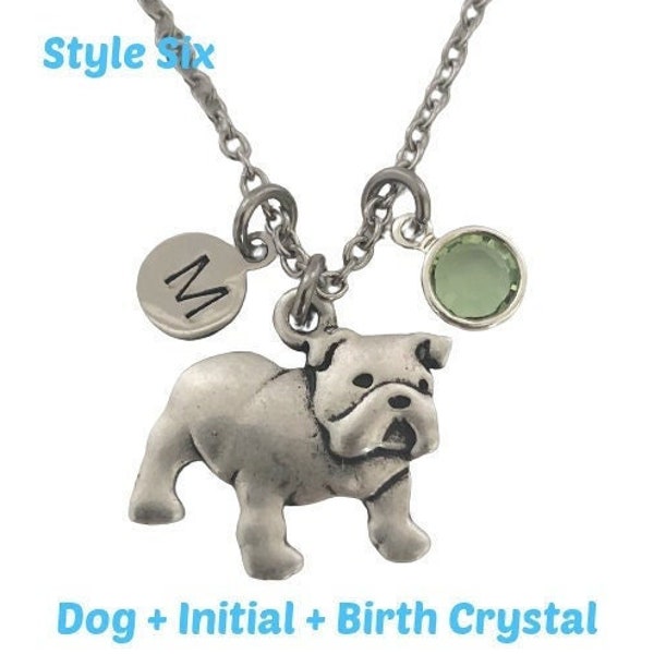 Personalized English Bulldog Necklace with Optional Initial and Birthstone - Bull Dog Memorial Jewelry - Gift for Bulldog Lover