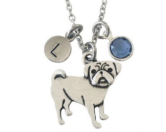 Personalized Pug Dog Necklace - Dog Initial Jewelry - Memorial Gift for Pug Mom - Multiple Chain Options for Men and Women