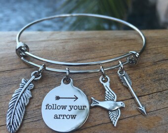 Follow Your Arrow Bracelet - Expandable Feather Charm Bangle - Arrow Bracelet - College Graduation Gift - Stainless Steel Wire