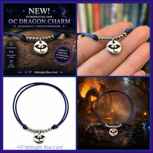 K&ouml;nnte beinhalten: Ein mitternachtsblaues Armband aus Kordel mit einem runden, silberfarbenen Anh&auml;nger, der eine schwarze Drachensilhouette zeigt. Das Armband ist mit kleinen silberfarbenen Metallperlen neben dem Anh&auml;nger und verstellbaren Knoten versehen.