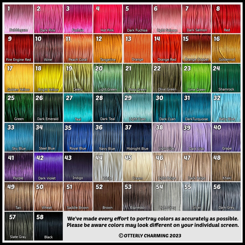 K&ouml;nnte beinhalten: Eine Farbkarte mit 58 nummerierten Mustern aus strukturiertem Kordelmaterial in verschiedenen Farbt&ouml;nen wie Pink, Rot, Orange, Gelb, Gr&uuml;n, Blau, Lila, Beige, Braun, Grau und Schwarz, mit einem Hinweis auf m&ouml;gliche Farbabweichungen.