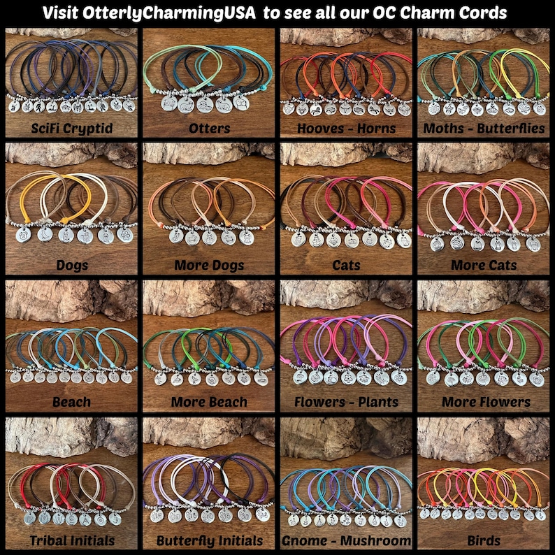 K&ouml;nnte beinhalten: Eine Sammlung von sechzehn Sets aus farbigen Kordelarmb&auml;ndern, die jeweils mit einem silberfarbenen Metallanh&auml;nger versehen sind. Die Themen umfassen Sci-Fi-Kryptiden, Otter, Hufe, Motten, Hunde, Katzen, Strand, Blumen, Pflanzen und V&ouml;gel.