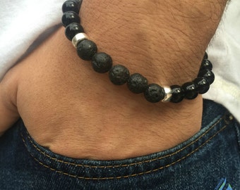 Men's Black Gemstone Bracelet ~ Black Onyx and Sterling Silver ~ Lava Stone Elastic Bracelet for Him
