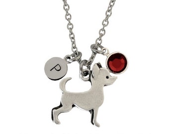 Personalized Chihuahua Necklace With Optional Initial and Birthstone - Chi Dog Memorial Gift