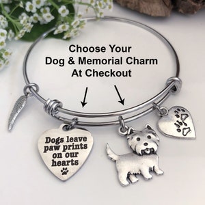 Custom Dog Memorial Bracelet - Dogs Leave Paw Prints On Our Hearts - Pet Loss Jewelry - Over 50 Dog Breeds