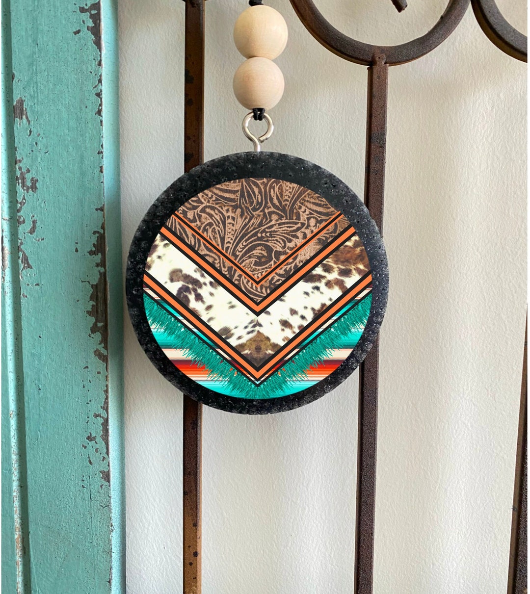 Cowhide and Tooled Leather Freshies Circle Car Freshie Etsy