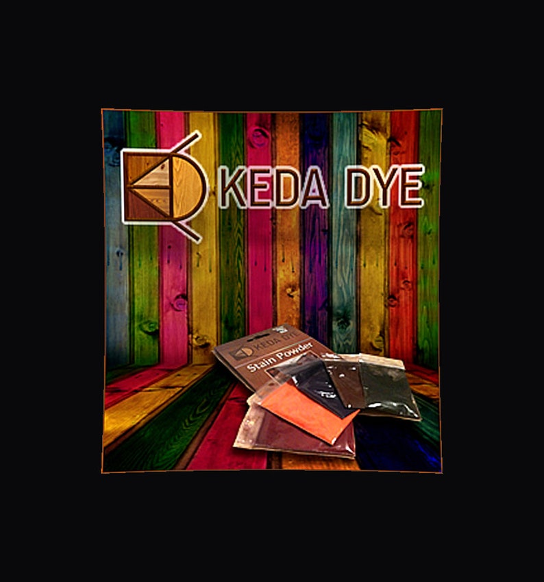 May include: A set of four wood stain powder packets in brown, black, red, and orange. The packets are labeled "Keda Dye Stain Powder". The packets are displayed on a background of colorful wooden planks.