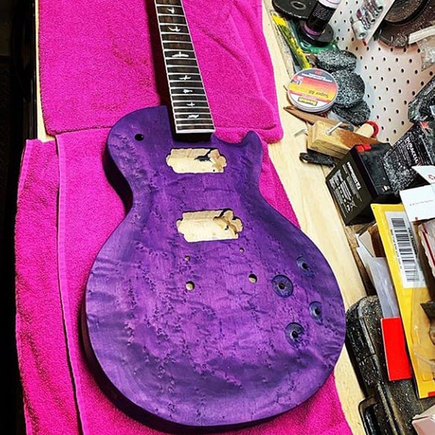 Keda Dye - Warmoth guitar build in progress. Colored wood is after dye  stain, but prior to seal coats. Wood coloring is done with Keda liquid dye  5 color kit mixed as