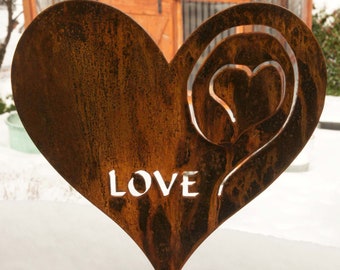 Personalized Heart in the Garden Rusted Heart 10"x11" made of 14ga metal with 24" stake MADE in Pioneer, Ca USA