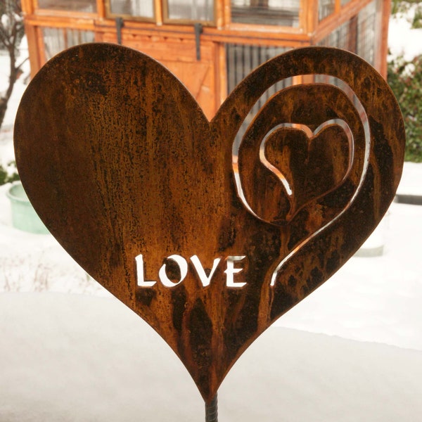 Personalized Heart in the Garden Rusted Heart 10"x11" made of 14ga metal with 24" stake MADE in Pioneer, Ca USA