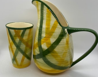 Vernonware Pitcher and Tumbler Set, Yellow & Green Gingham, Midcentury