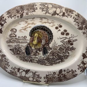 May include: An oval ceramic platter featuring a central colored illustration of a turkey standing in a landscape. The rim is decorated with a brown and white transferware pattern of fruits and foliage. The background shows a rural scene.
