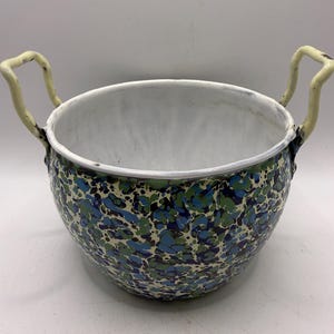 End of Day Small Enamelware Graniteware Pot~Green, Sky Blue, Cobalt & Cream Colors