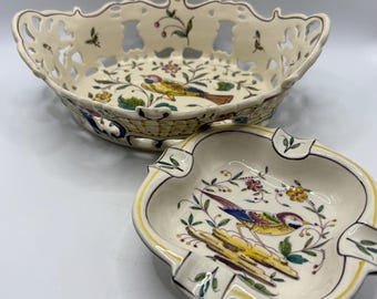 Portuguese handpainted Reticulated Bowl and Ashtray