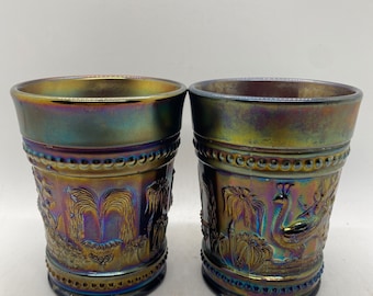 Set of 2 Northwood Carnival Glass Peacock at the Fountain Drinking Glasses
