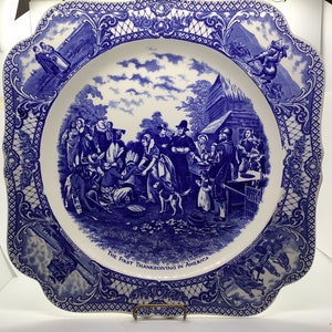 The First Thanksgiving in America Blue Transfer ware Chop Plate