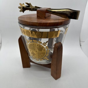 Mcm 24 ct gold plated ice bucket with wooden stand, lid and ice tongs