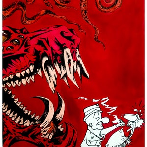 Puede incluir: Una vibrante ilustración roja representa a un personaje de dibujos animados enfrentándose a una criatura monstruosa con dientes afilados y tentáculos. La obra de arte presenta contornos negros audaces y acentos blancos, creando un contraste llamativo sobre el fondo rojo. Firma del artista.