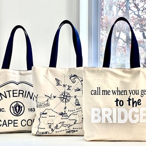 Call me when you get to the bridge bag, Cape Cod map bag,  entering Cape Cod bag, hand made beach bags , Cape Cod totes