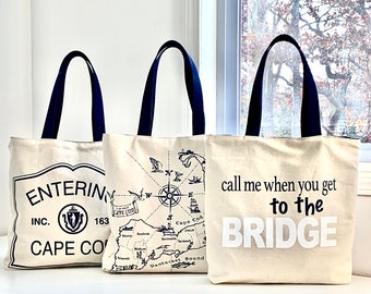 Call me when you get to the bridge bag, Cape Cod map bag,  entering Cape Cod bag, hand made beach bags , Cape Cod totes