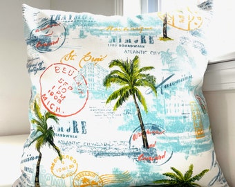 Palms and stamps pillow ,light blue with yellow,outdoor and indoor pillow , made on Cape Cod