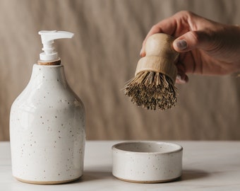 Speckled White Ceramic Scrub Brush Holder with Vegan Dish Brush - Dishwashing Brush Holder - Pot Brush - Vegetable Scrub Brush - Zero Waste