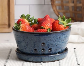 Blue Storm Berry Bowl - Ceramic Colander with Drip Tray - Handmade Strainer with Saucer - Strawberry Bowl - Herb Bowl - Blue Stoneware Bowls