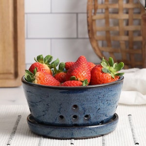 Blue Storm Berry Bowl - Ceramic Colander with Drip Tray - Handmade Strainer with Saucer - Strawberry Bowl - Herb Bowl - Blue Stoneware Bowls