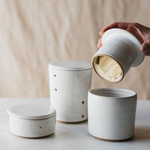 Speckled White 3 Piece Set Includes Garlic Jar, Butter Keeper, and Salt Cellar - Option to add a matching spoon rest - Neutral Kitchen Set