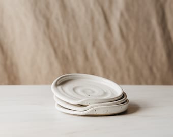 Speckled White Ceramic Spoon Rest - Modern Ceramic Spoon Rests - Neutral Pottery Spoon Holders - Stovetop Utensil Rests - Various Colors