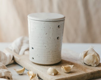 Speckled White Ceramic Garlic Keeper - Garlic Storage Jar - Garlic Cellar - Stoneware Canister - Minimalist Kitchen - DPottery