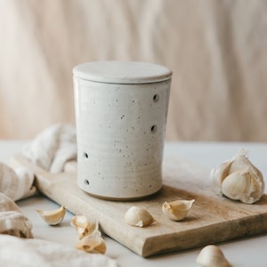 Speckled White Ceramic Garlic Keeper - Garlic Storage Jar - Garlic Cellar - Stoneware Canister - Minimalist Kitchen - DPottery