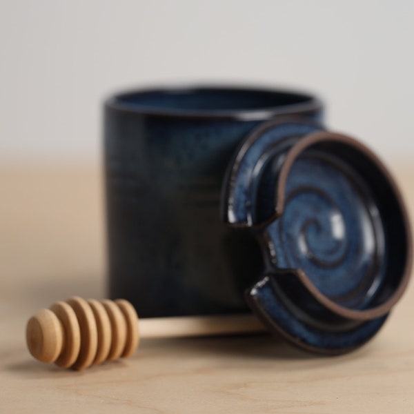 Blue Storm Honey Pot with Honey Dipper - Handmade Ceramic Sugar Storage Jar - Honey Keeper with Lid and Wooden Honey Dip Stick - DPottery