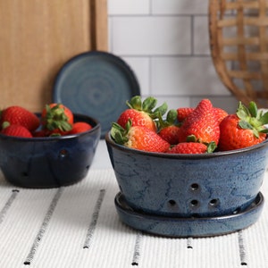 Blue Storm Berry Bowl - Ceramic Colander with Drip Tray - Handmade Strainer with Saucer - Strawberry Bowl - Herb Bowl - Blue Stoneware Bowls