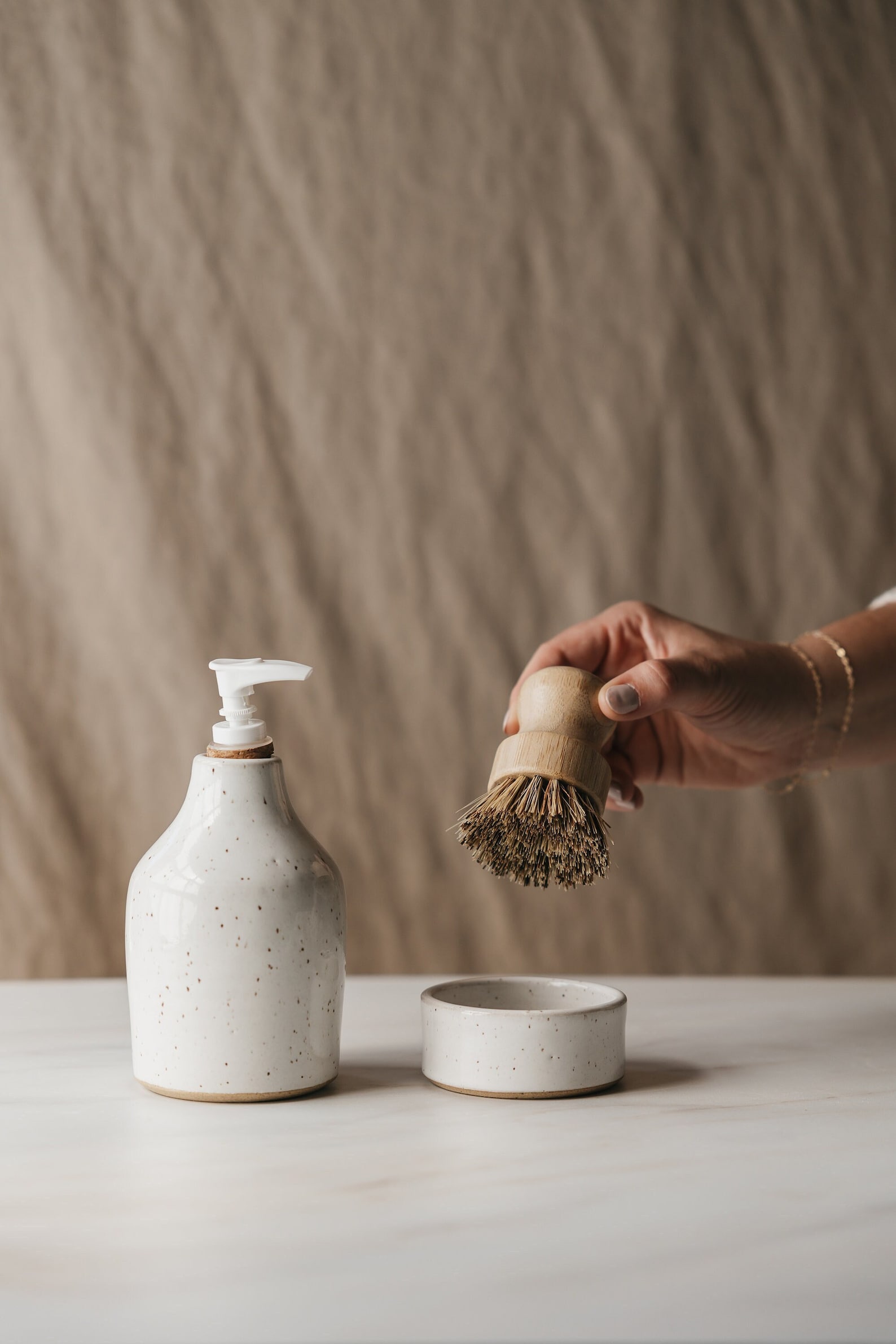 Speckled White Ceramic Dish Brush Holder with Compostable Pot Brush