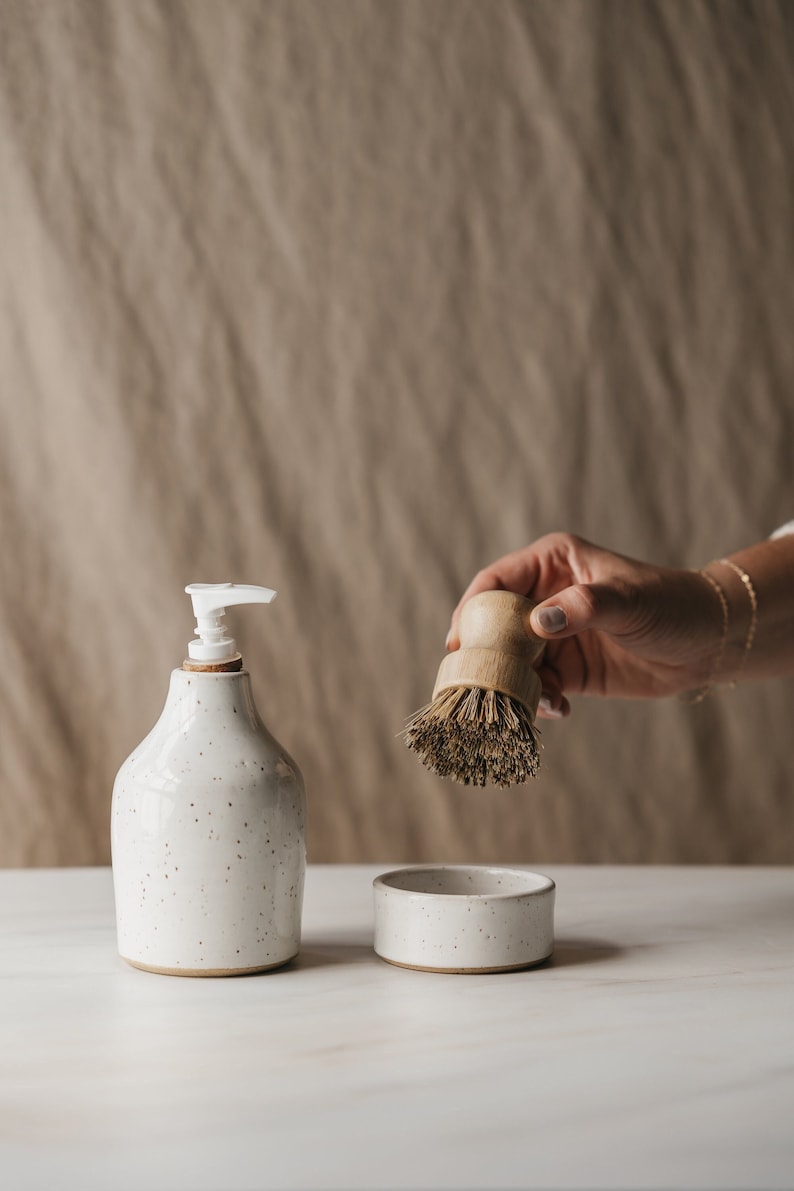 Speckled White Ceramic Scrub Brush Holder with Vegan Dish Brush - Dishwashing Brush Holder - Pot Brush - Vegetable Scrub Brush - Zero Waste