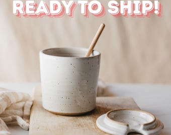 Speckled White Honey Pot with Honey Dipper - Handmade Ceramic Sugar Storage Jar - White Honey Keeper with Lid and Wooden Dipper - DPottery