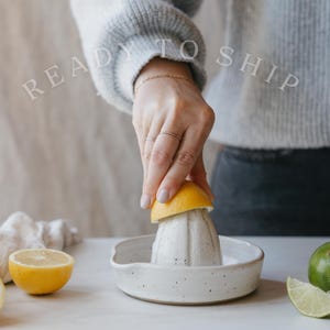 May include: A white ceramic citrus juicer with a speckled finish and a central ribbed cone. The juicer features a wide, shallow basin with a small pouring spout. A halved yellow lemon is pressed onto the cone. The text READY TO SHIP is visible.