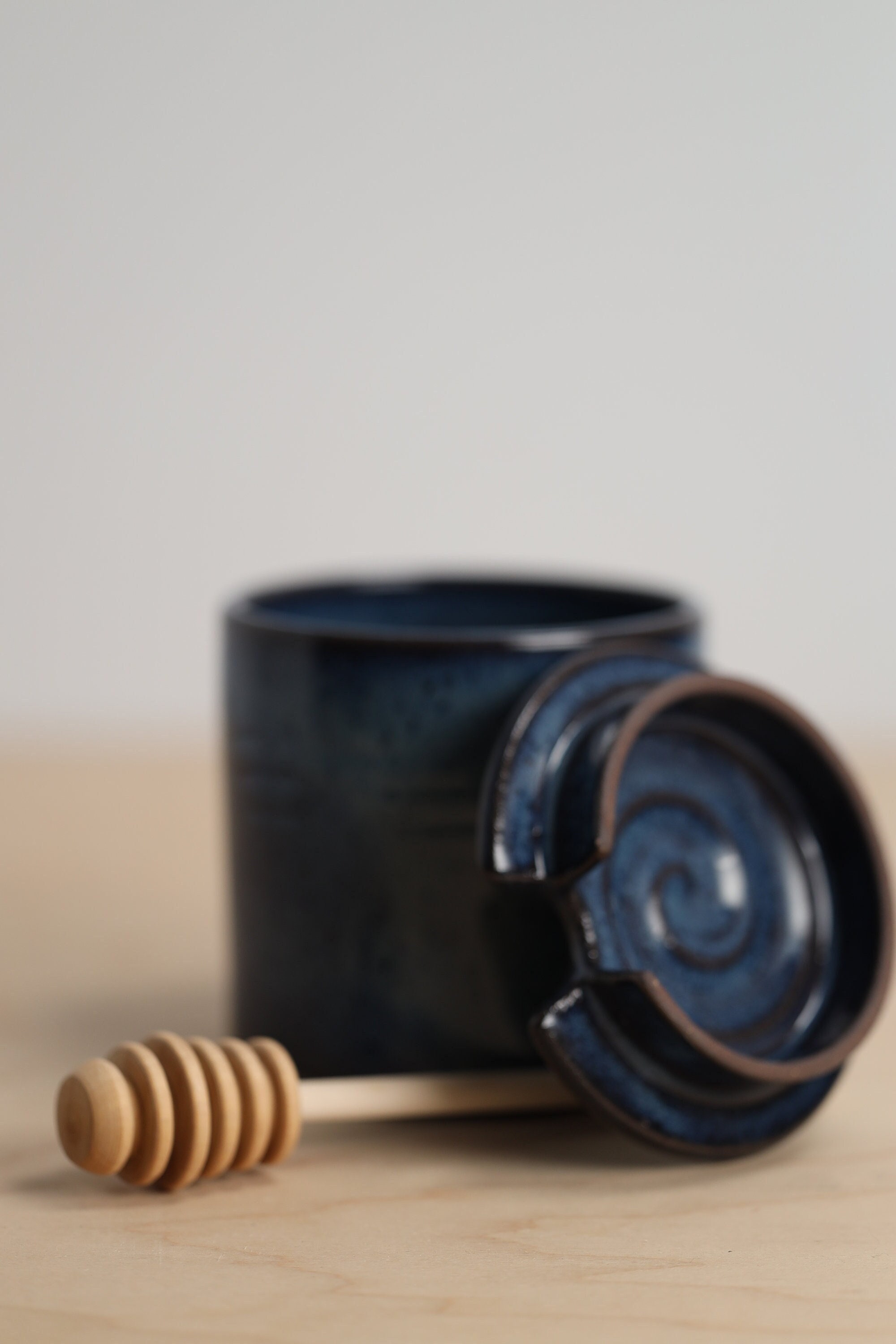 Blue Storm Honey Pot with Honey Dipper - Handmade Ceramic Sugar Storage Jar - Honey Keeper with Lid and Wooden Honey Dip Stick - DPottery