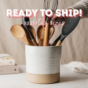 Speckled White Ceramic Utensil Holder: Stoneware Kitchen Crock