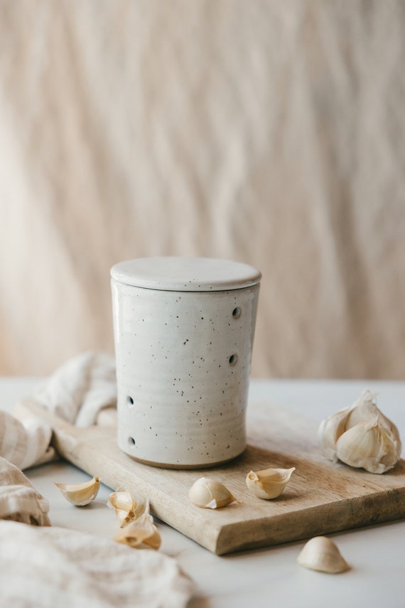 Speckled White Ceramic Garlic Keeper - Garlic Storage Jar - Garlic Cellar - Stoneware Canister - Minimalist Kitchen - DPottery