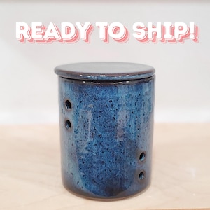 Blue Storm Garlic Keeper - Ceramic Garlic Storage Jar - Blue Garlic Cellar - Stoneware Canister - Garlic Pot - Kitchen Essentials - DPottery