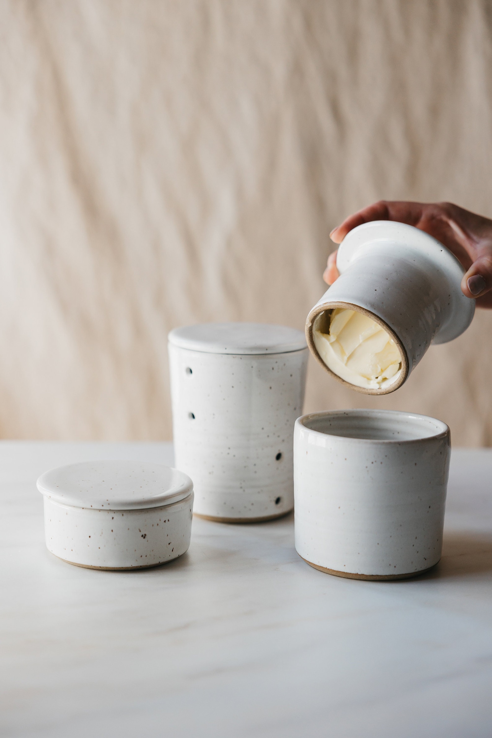 Speckled White Kitchen Set: Ceramic Garlic Jar, Butter Keeper, Salt Cellar