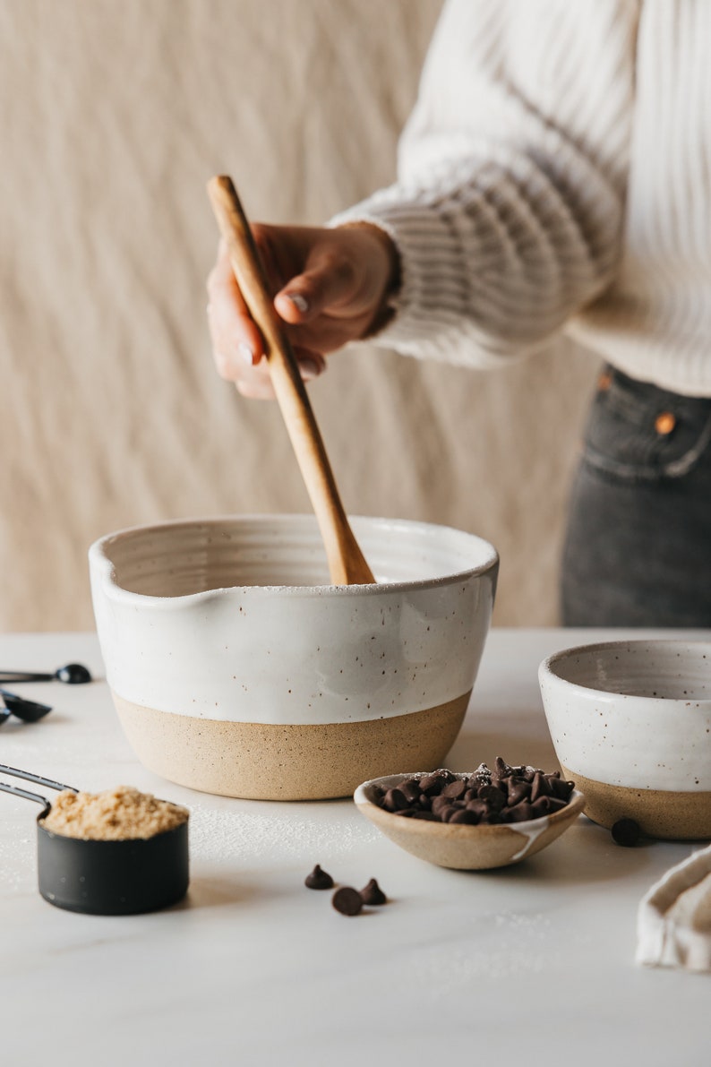 Speckled White Ceramic Mixing Bowl Batter Bowl Bowl with Spout Wet Ingredients Bowl Cookie Dough Bowl Bakers Gift Modern Bowls image 4