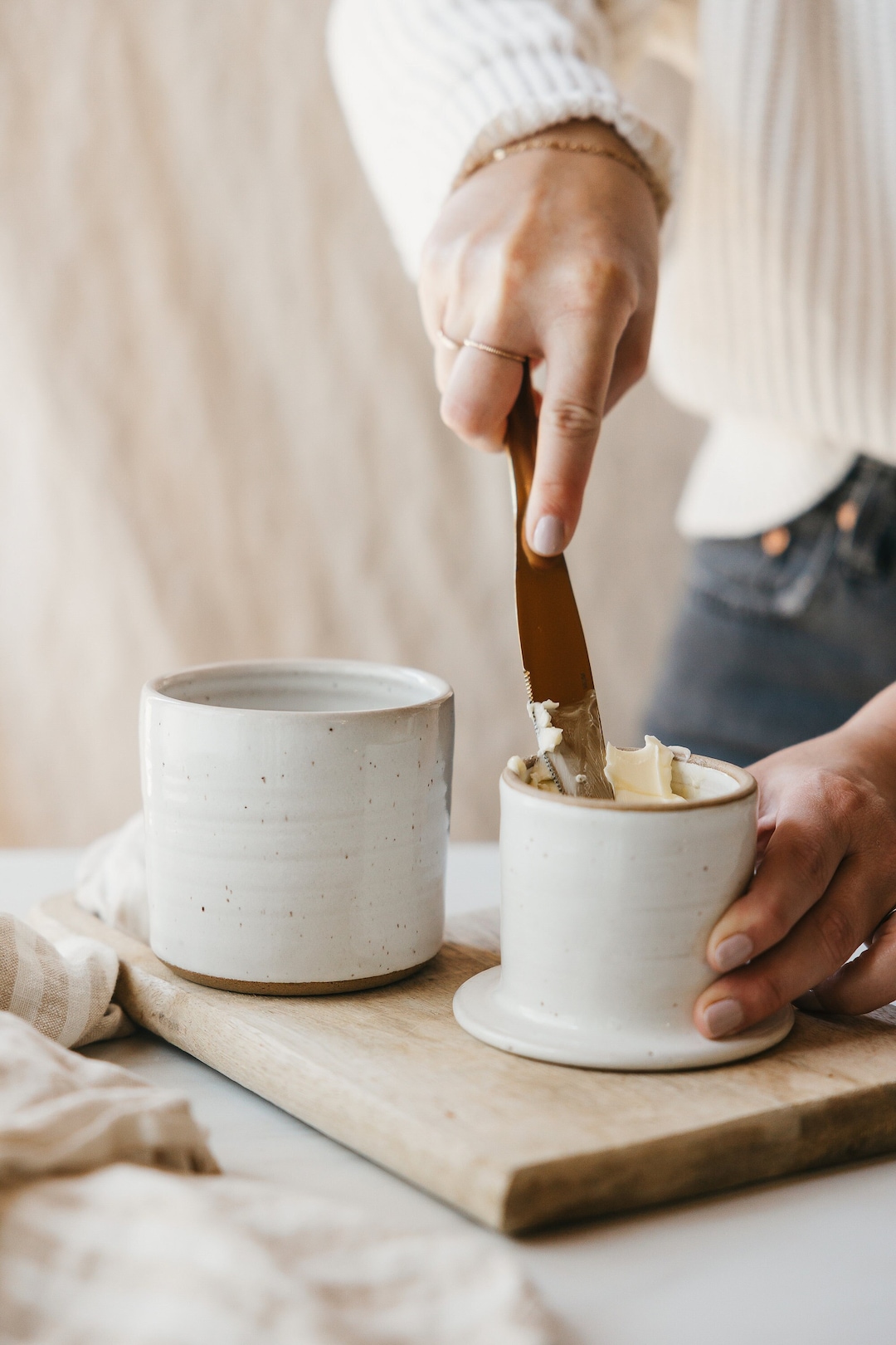 French Butter Crock with Lid White