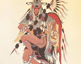 Litografía de Woody Crumbo, el bailarín ciervo