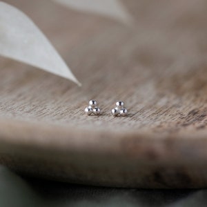 May include: A pair of silver stud earrings with three small balls in a triangular shape.