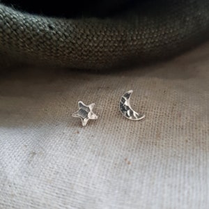 Moon and Star Silver Studs, Mismatched Silver Stud Earrings, Star and Moon Earrings, Celestial Jewellery, Handmade UK