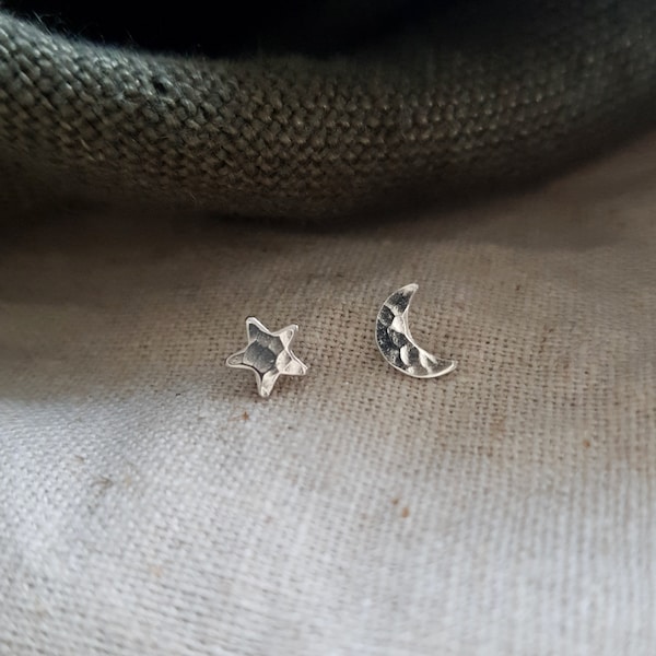 Moon and Star Silver Studs, Mismatched Silver Stud Earrings, Star and Moon Earrings, Celestial Jewellery, Handmade UK