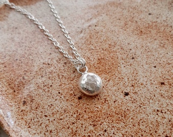 Silver Pebble Necklace Hammered Finish, Sterling Silver Pebble Charm Necklace, Beach Theme Necklace, Handmade Eco Friendly UK Jewellery